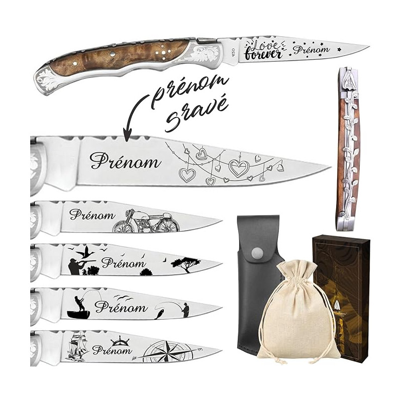 Gravure Events - Couteau Marque Laguiole Bougna personnalisé avec dessin et prénom gravé - Cadeau pour homme : fête des pères
