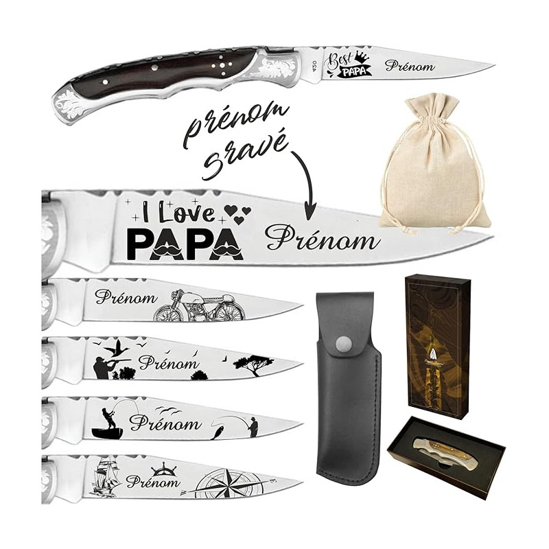 Gravure Events - Couteau Marque Laguiole Bougna personnalisé avec dessin et prénom gravé. Cadeau pour homme : fête des pères