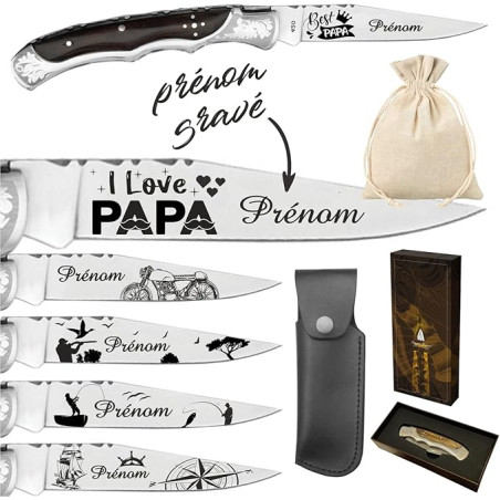 Gravure Events - Couteau Marque Laguiole Bougna personnalisé avec dessin et prénom gravé. Cadeau pour homme : fête des pères