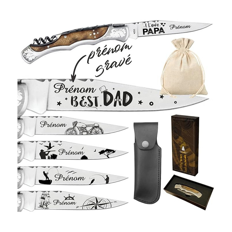 Gravure Events - Couteau Marque Laguiole Bougna Personnalisé avec Dessin et Prénom Gravé en Acier Inoxydable - Cadeau pour