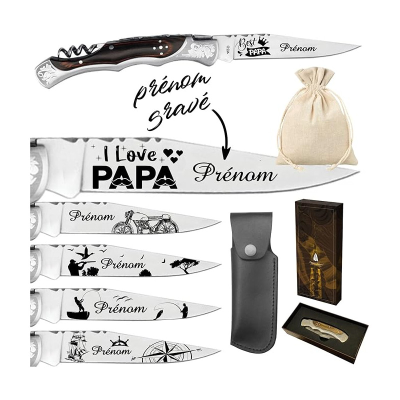 Laguiole Bougna - Couteau avec Tire Bouchon Personnalisé avec Dessin et Prénom Gravé - Cadeau pour Homme : Fête des Pères