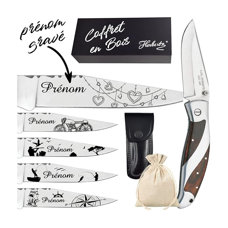 Gravure Events - Couteau + Coffret en bois. Couteau personnalisé avec prénom et dessin gravé - Marque Herbertz - Cadeau pour