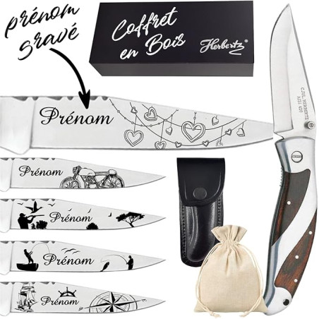 Gravure Events - Couteau + Coffret en bois. Couteau personnalisé avec prénom et dessin gravé - Marque Herbertz - Cadeau pour
