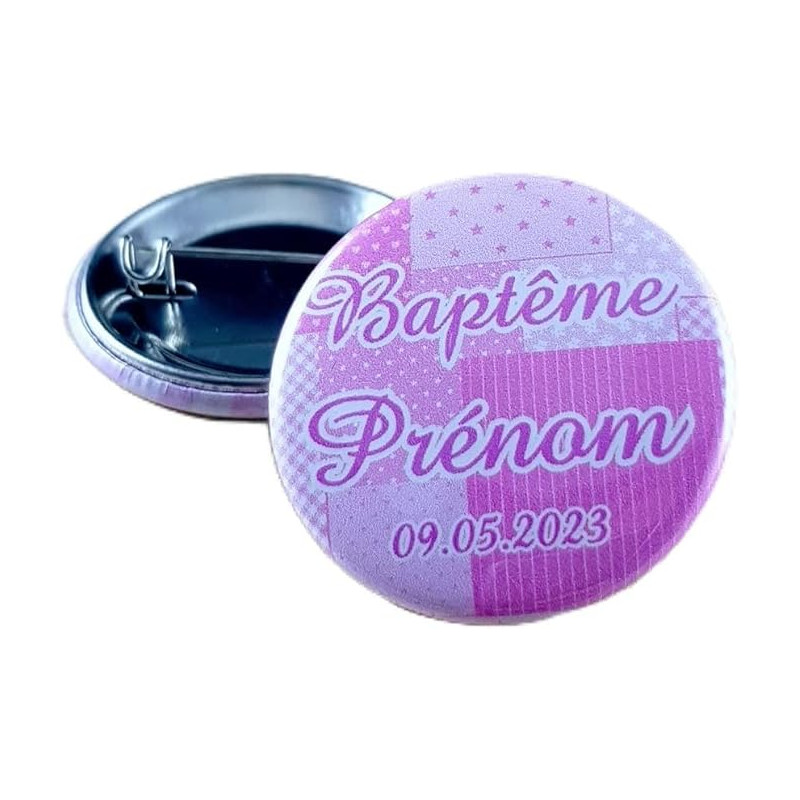 Badge de baptême Personnalisé avec le prénom de l'enfant - Cadeau souvenir pour les invités du Baptême - décoration de table