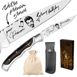 Gravure Events - Couteau Laguiole Bougna Gravé avec Votre Prénom - Cadeau Personnalisé Johnny Hallyday - Manche en Bois - Lame
