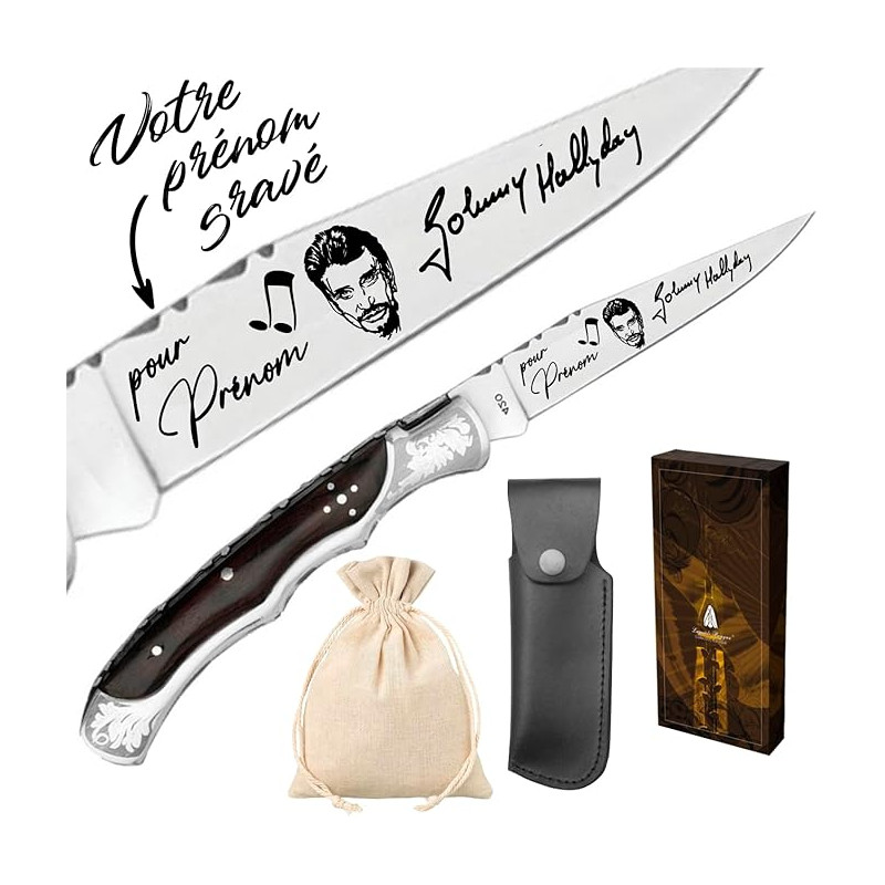Gravure Events - Couteau Laguiole Bougna Gravé avec Votre Prénom - Cadeau Personnalisé Johnny Hallyday - Manche en Bois - Lame