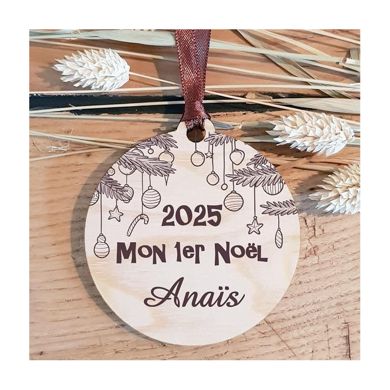 Décoration de Sapin Mon Premier Noël en Bois personnalisée avec Le prénom de l'enfant (Une Alternative à la Boule 1er noël en