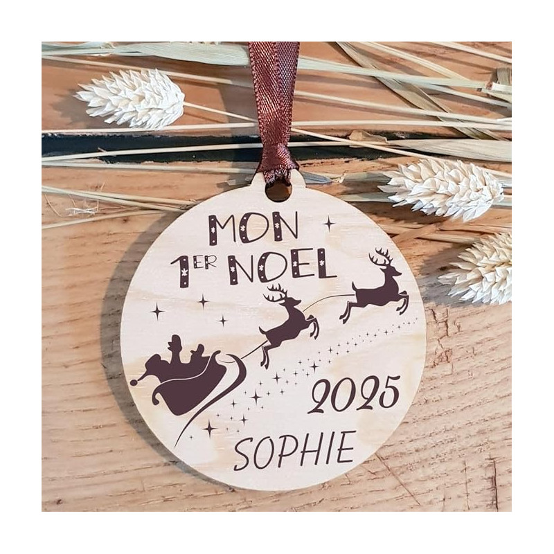Décoration de Sapin Mon Premier Noël en Bois personnalisée avec Le prénom de l'enfant (Une Alternative à la Boule 1er noël en
