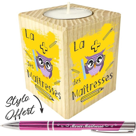 Gravure Events Bougie la Plus Chouette des maîtresses + Stylo Offert - Porte Bougie en Bois Cadeau de Fin d'année Scolaire pour