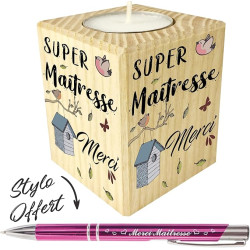 Gravure Events Bougie Super maîtresse + Stylo Offert - Porte Bougie en Bois – Cadeau de Fin d'année Scolaire pour remercier