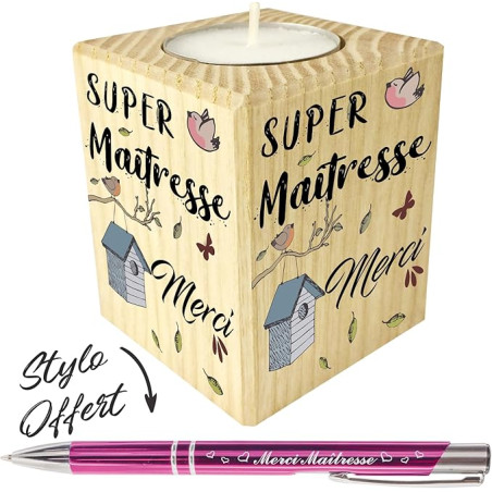 Gravure Events Bougie Super maîtresse + Stylo Offert - Porte Bougie en Bois – Cadeau de Fin d'année Scolaire pour remercier