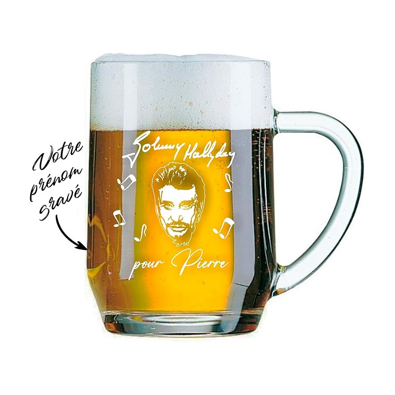 Gravure Events Chope à Bière Johnny Hallyday personnalisée - personnalisable avec le prénom de votre choix qui sera gravé sur