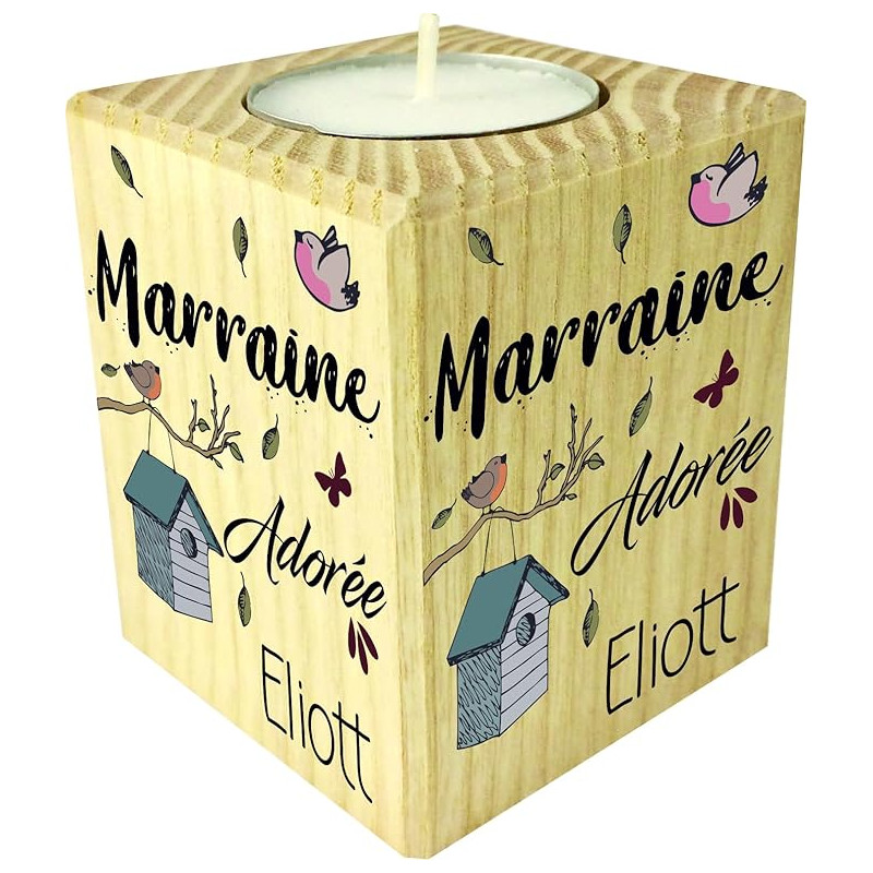Bougie personnalisée Marraine adorée – Porte Bougie en Bois personnalisé avec Le prénom de l'enfant – Cadeau Noël