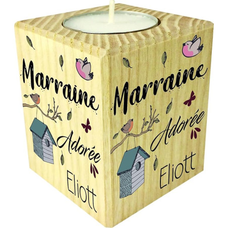 Bougie personnalisée Marraine adorée – Porte Bougie en Bois personnalisé avec Le prénom de l'enfant – Cadeau Noël