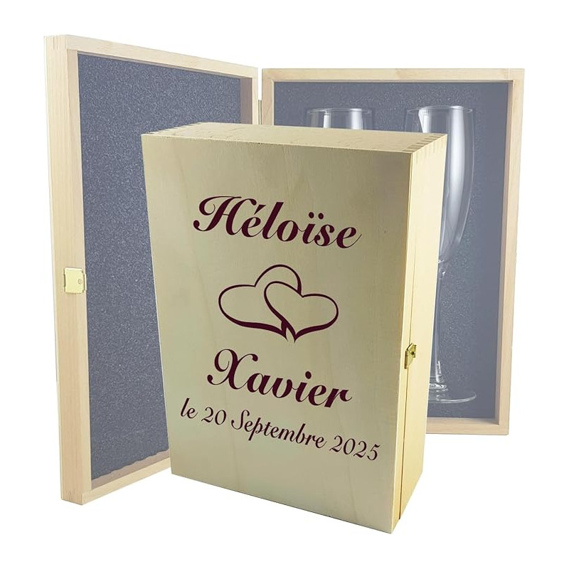 Gravure Events Flûtes à Champagne Gravées Modèle Cœurs (Coffret Bois)