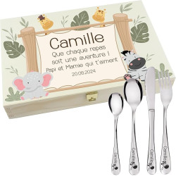 Gravure Events - Coffret en Bois avec 4 Couverts personnalisés pour Enfant - prénom gravé en France - Cadeau Noël bébé