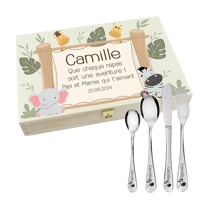Gravure Events - Coffret en Bois avec 4 Couverts personnalisés pour Enfant - prénom gravé en France - Cadeau Noël bébé