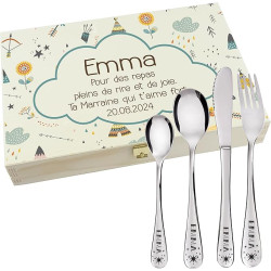 Gravure Events - Coffret en Bois avec 4 Couverts personnalisés pour Enfant - prénom gravé en France - Acier Inoxydable - Cadeau