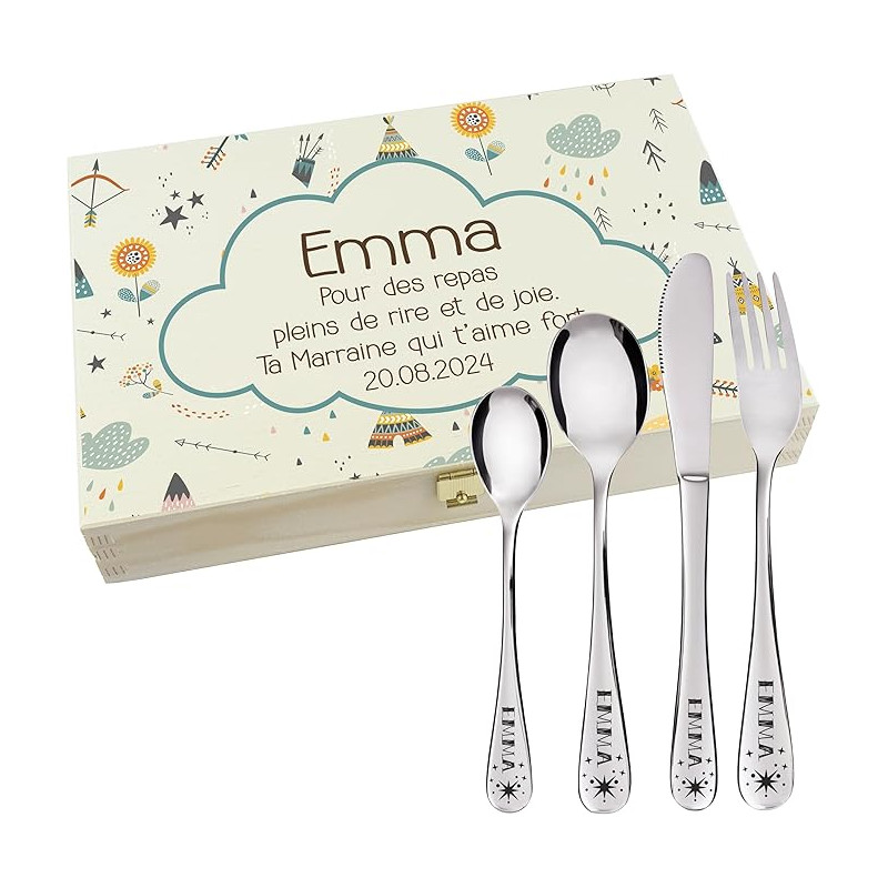Gravure Events - Coffret en Bois avec 4 Couverts personnalisés pour Enfant - prénom gravé en France - Acier Inoxydable - Cadeau