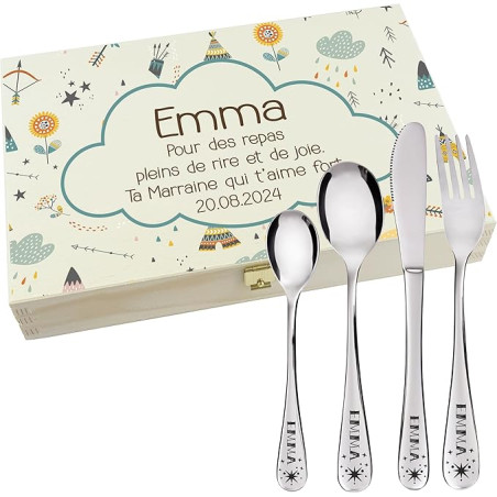 Gravure Events - Coffret en Bois avec 4 Couverts personnalisés pour Enfant - prénom gravé en France - Acier Inoxydable - Cadeau
