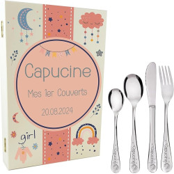 Gravure Events - Coffret en Bois avec 4 Couverts personnalisés pour Enfant - prénom gravé en France - Cadeau Noël bébé