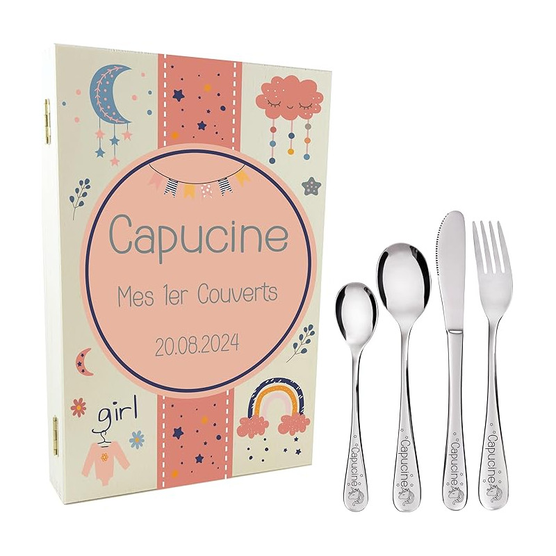 Gravure Events - Coffret en Bois avec 4 Couverts personnalisés pour Enfant - prénom gravé en France - Cadeau Noël bébé