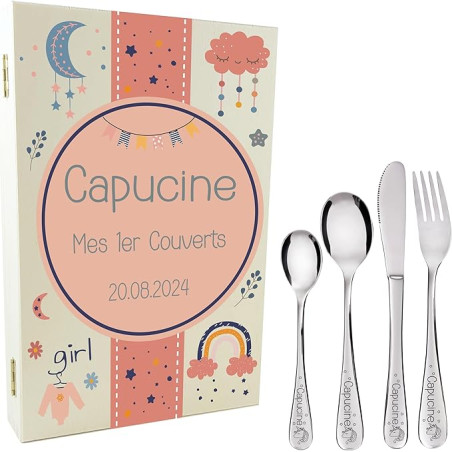 Gravure Events - Coffret en Bois avec 4 Couverts personnalisés pour Enfant - prénom gravé en France - Cadeau Noël bébé