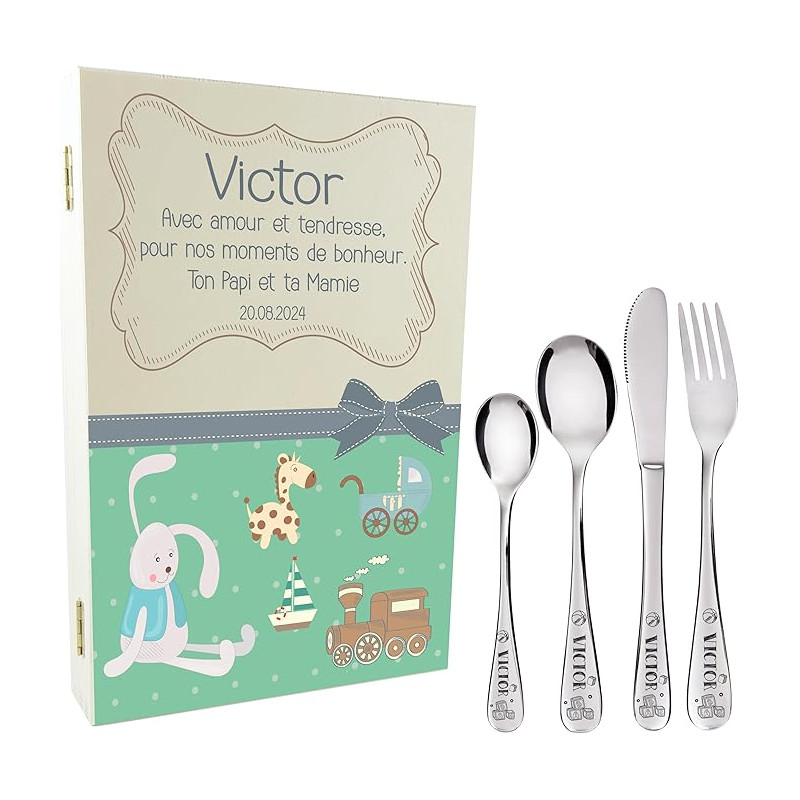 Gravure Events - Coffret en Bois avec 4 Couverts Personnalisés pour Enfant en Acier Inoxydable - Prénom Gravé en France