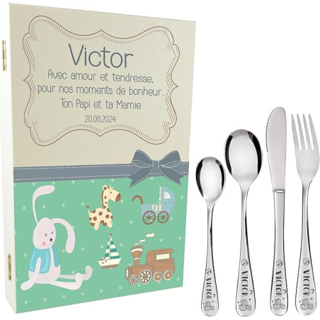 Gravure Events - Coffret en Bois avec 4 Couverts Personnalisés pour Enfant en Acier Inoxydable - Prénom Gravé en France