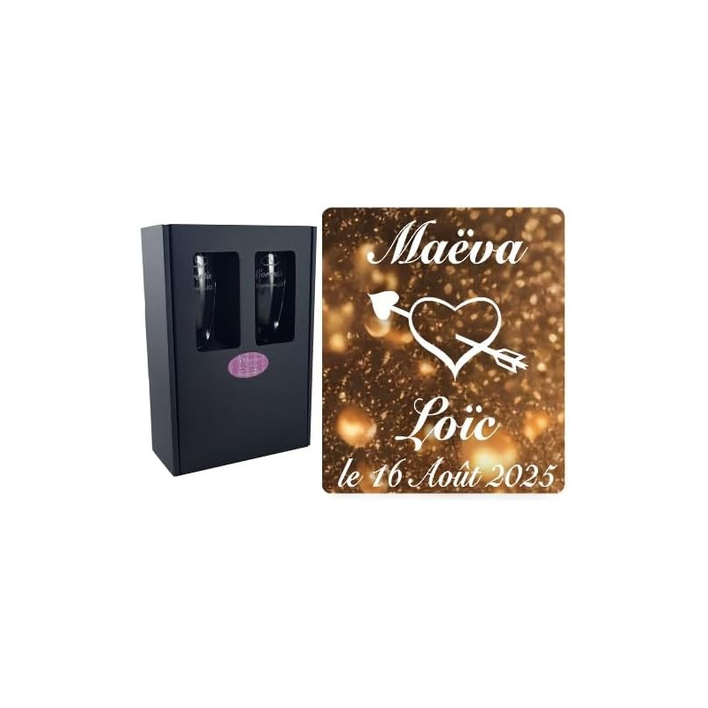 2 Flûtes à Champagne Gravées Modèle Cœur Eros avec Boîte Cadeau - Cadeau de Mariage pour les Mariés - Cadeau repas de Mariage