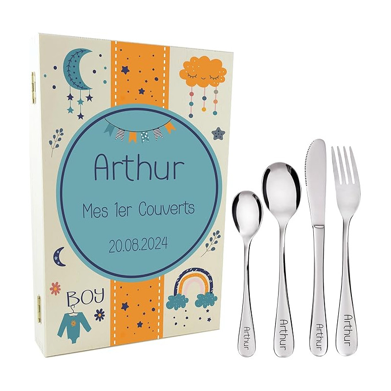 Gravure Events - Coffret en Bois avec 4 Couverts personnalisés pour Enfant - prénom gravé en France - Cadeau Noël bébé