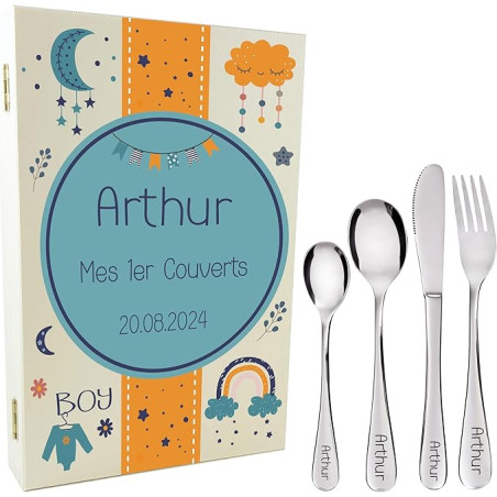 Gravure Events - Coffret en Bois avec 4 Couverts personnalisés pour Enfant - prénom gravé en France - Cadeau Noël bébé
