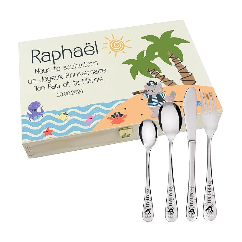 Gravure Events - Coffret en Bois avec 4 Couverts personnalisés pour Enfant - prénom gravé en France - Cadeau Noël bébé