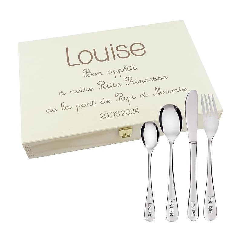Gravure Events - Coffret en Bois avec 4 Couverts personnalisés pour Enfant - prénom gravé en France - Cadeau Noël bébé