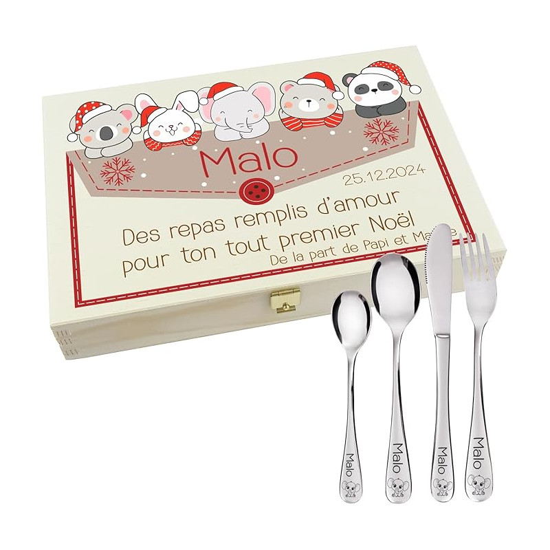 Gravure Events - Coffret en bois avec 4 Couverts personnalisés pour enfant - prénom gravé en FRANCE - Cadeau pour le 1er Noël