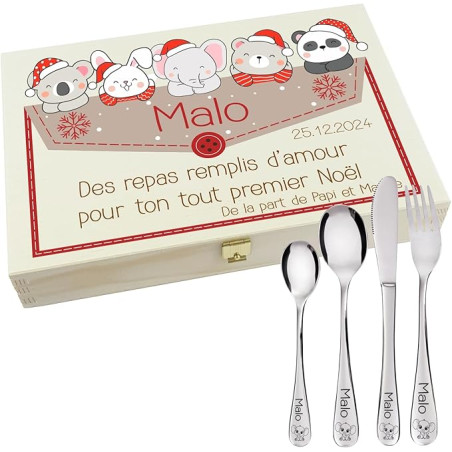 Gravure Events - Coffret en bois avec 4 Couverts personnalisés pour enfant - prénom gravé en FRANCE - Cadeau pour le 1er Noël