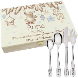 Gravure Events - Coffret en bois avec 4 Couverts personnalisés pour enfant - prénom gravé en FRANCE - Cadeau pour le 1er Noël
