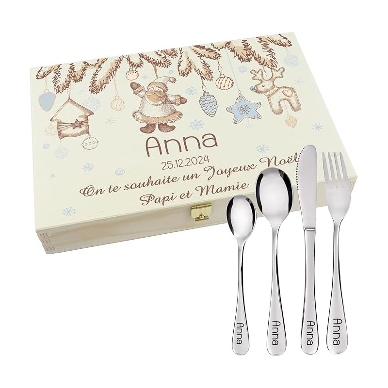 Gravure Events - Coffret en bois avec 4 Couverts personnalisés pour enfant - prénom gravé en FRANCE - Cadeau pour le 1er Noël