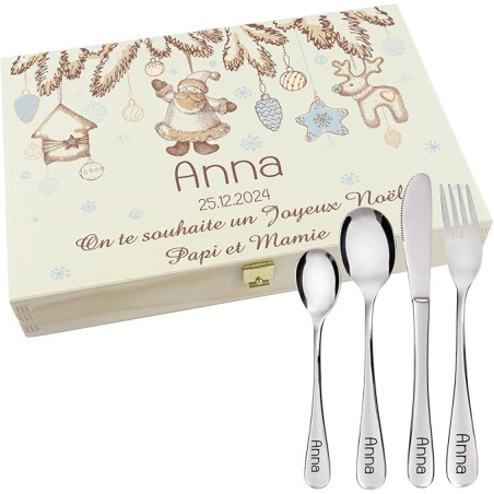 Gravure Events - Coffret en bois avec 4 Couverts personnalisés pour enfant - prénom gravé en FRANCE - Cadeau pour le 1er Noël