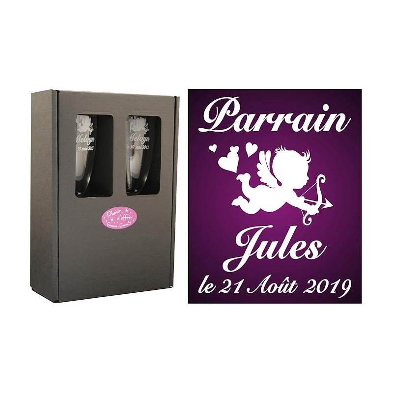Gravure Events 2 Flûtes à Champagne Gravées Modèle Ange avec Boîte Cadeau - Cadeau Parrain ou Marraine – Verre de Baptême