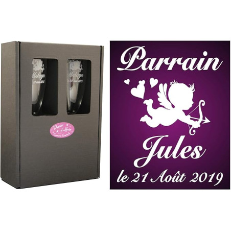 Gravure Events 2 Flûtes à Champagne Gravées Modèle Ange avec Boîte Cadeau - Cadeau Parrain ou Marraine – Verre de Baptême