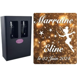 2 Flûtes à Champagne Gravées Modèle Fée avec Boîte Cadeau - Cadeau Parrain ou Marraine – Verre de Baptême Communion – Coupe de