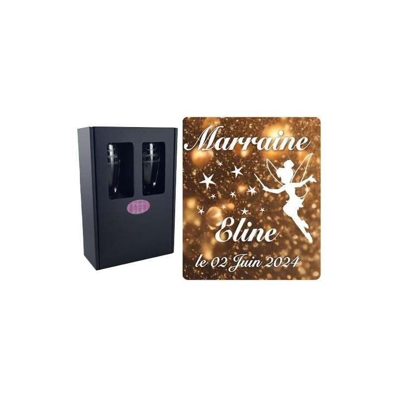 2 Flûtes à Champagne Gravées Modèle Fée avec Boîte Cadeau - Cadeau Parrain ou Marraine – Verre de Baptême Communion – Coupe de