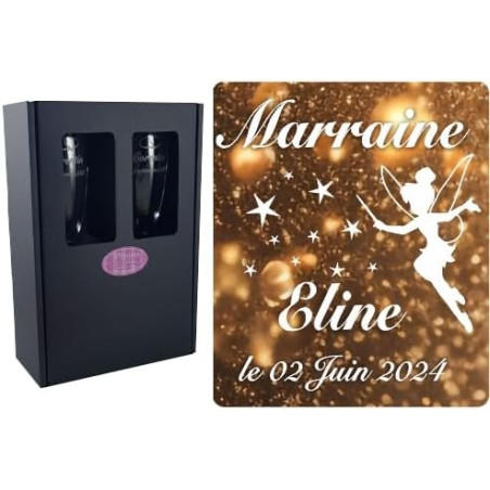 2 Flûtes à Champagne Gravées Modèle Fée avec Boîte Cadeau - Cadeau Parrain ou Marraine – Verre de Baptême Communion – Coupe de