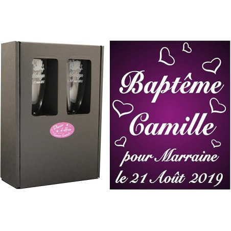 2 Flûtes à Champagne Gravées Modèle Envolée de Coeurs avec Boîte Cadeau - Cadeau Parrain ou Marraine – Verre de Baptême