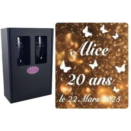 2 Flûtes à Champagne Gravées – Age personnalisable + Prénom - Modèle Anniversaire Papillons avec Coffret Cadeau - Cadeau