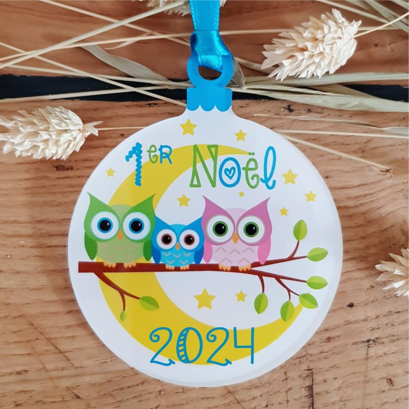 Décoration de Sapin - Mon Premier Noël – Sujet en Acrylique Mod. Chouette Bleue - (Alternative à la Boule 1er noël)