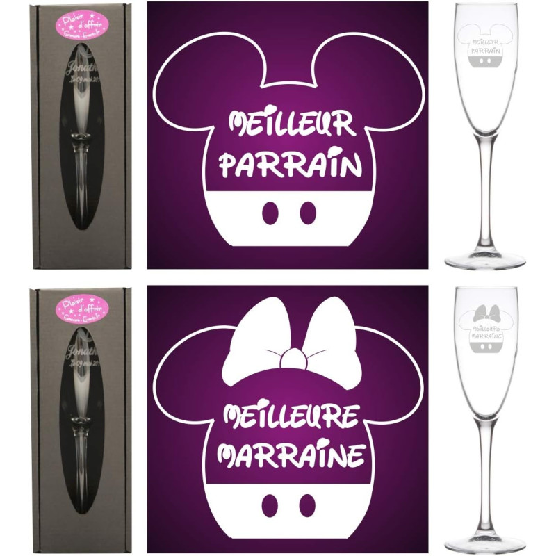 Lot 2 Flûtes gravées – 1 Verre Meilleur Parrain + 1 verre Meilleure Marraine - Baptême et Communion Garçons et Filles