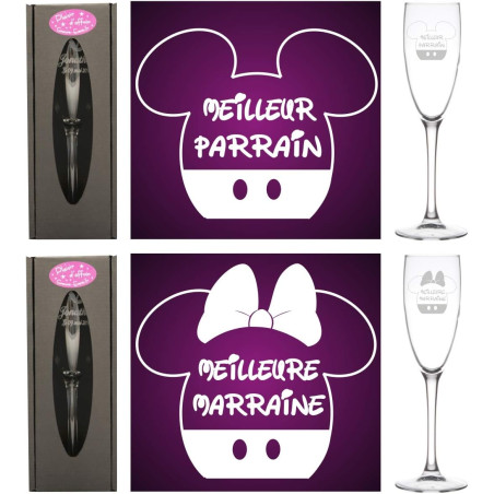 Lot 2 Flûtes gravées – 1 Verre Meilleur Parrain + 1 verre Meilleure Marraine - Baptême et Communion Garçons et Filles