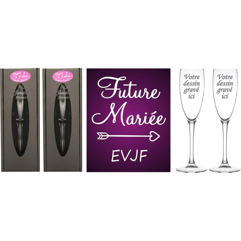 LOT 2 Flûtes gravées EVJF – Future Mariée – Cadeau souvenir original Enterrement de Vie de Jeune Fille pour une journée réussie